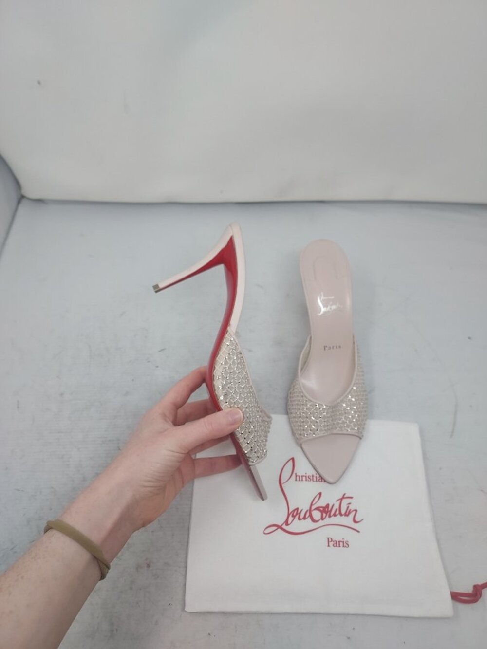 Christian Louboutin Leche Pink Apostropha Strass Crystal Heel Sandal
